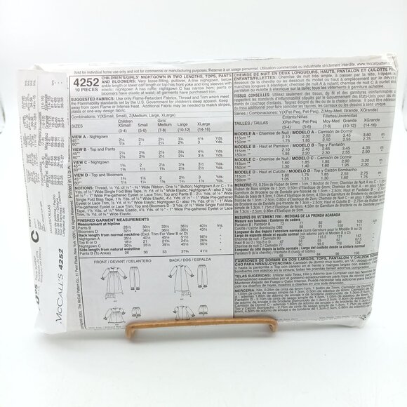 McCalls Vintage Nightgown & Pajamas Pattern 4252 Girls Sizes Med Lg Xl 2003 - Picture 2 of 2